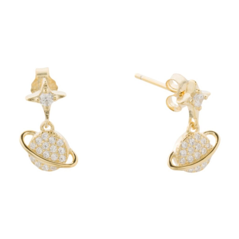 NEW COTE D`ARGENT 14k Gold Plated Sterling Silver Cz Planet Dangle Drop Earrings